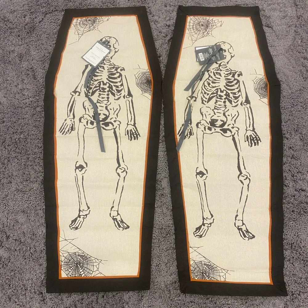 Threshold Brown, Cream and Orange Coffin Skeleton Table Runner-Set of 2